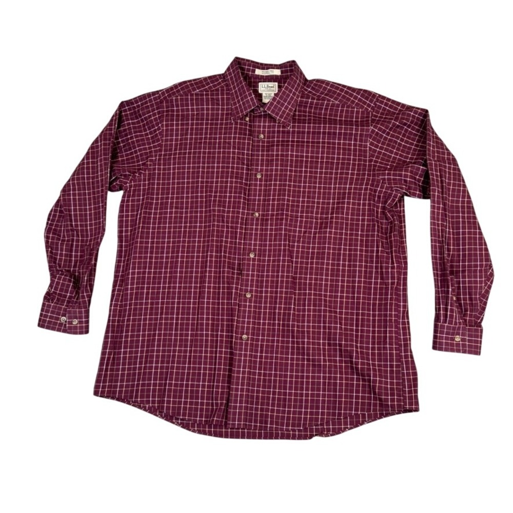 LL Bean Mens XL Regular Wrinkle Free Traditional Fit Burgundy Grid Shirt 269337